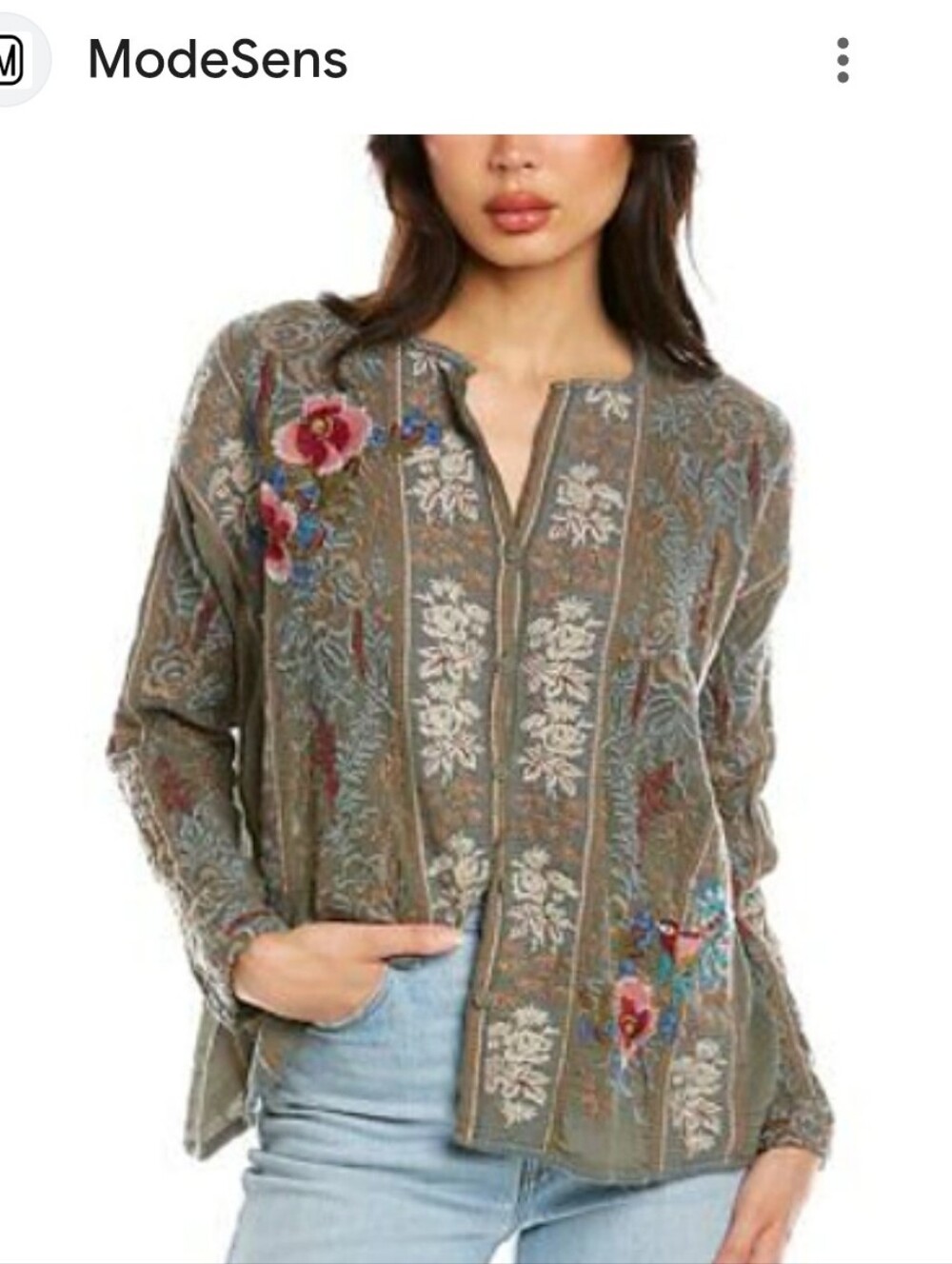 Johnny Was Olive Embroidered Floral Split-V Long Sleeve Top